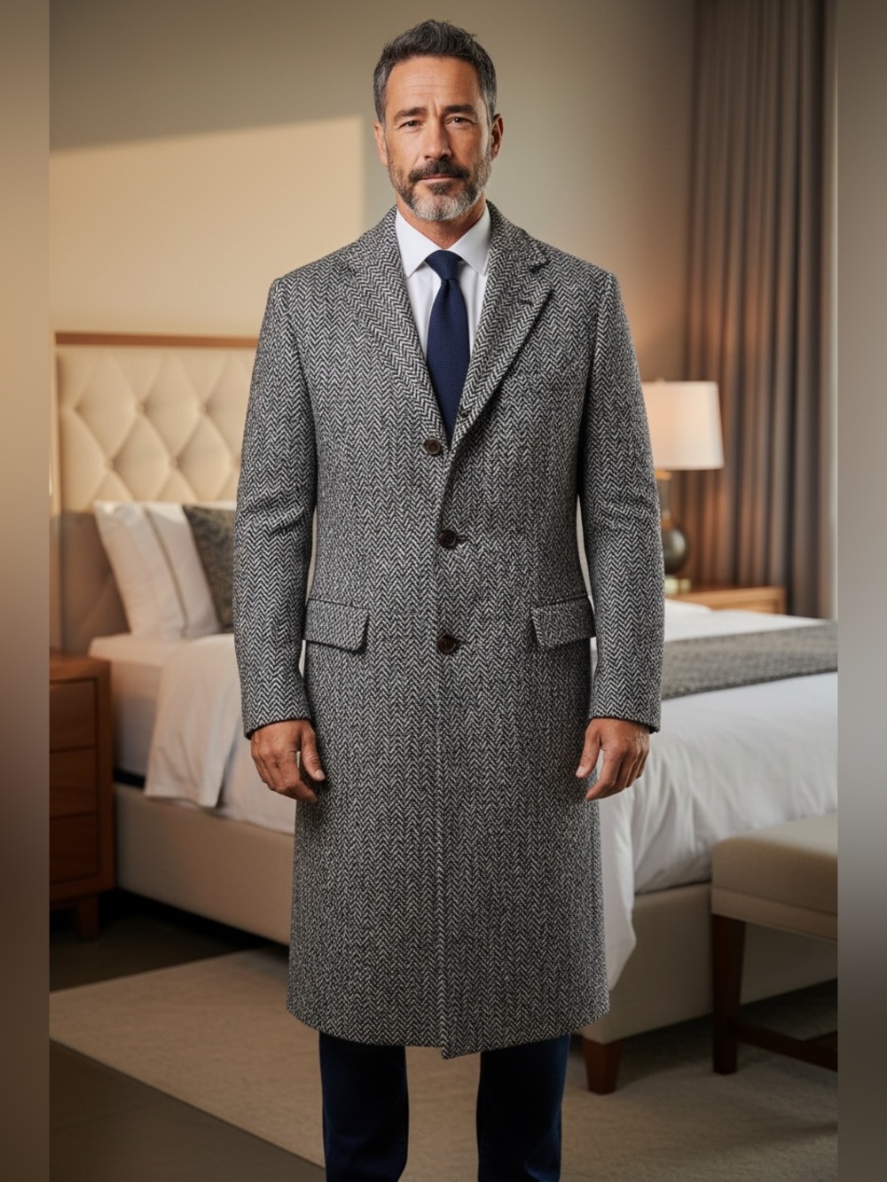 Botany 500 Men’s Grey/Black Herringbone 100% Wool Dress OverCoat Sz 40Long
